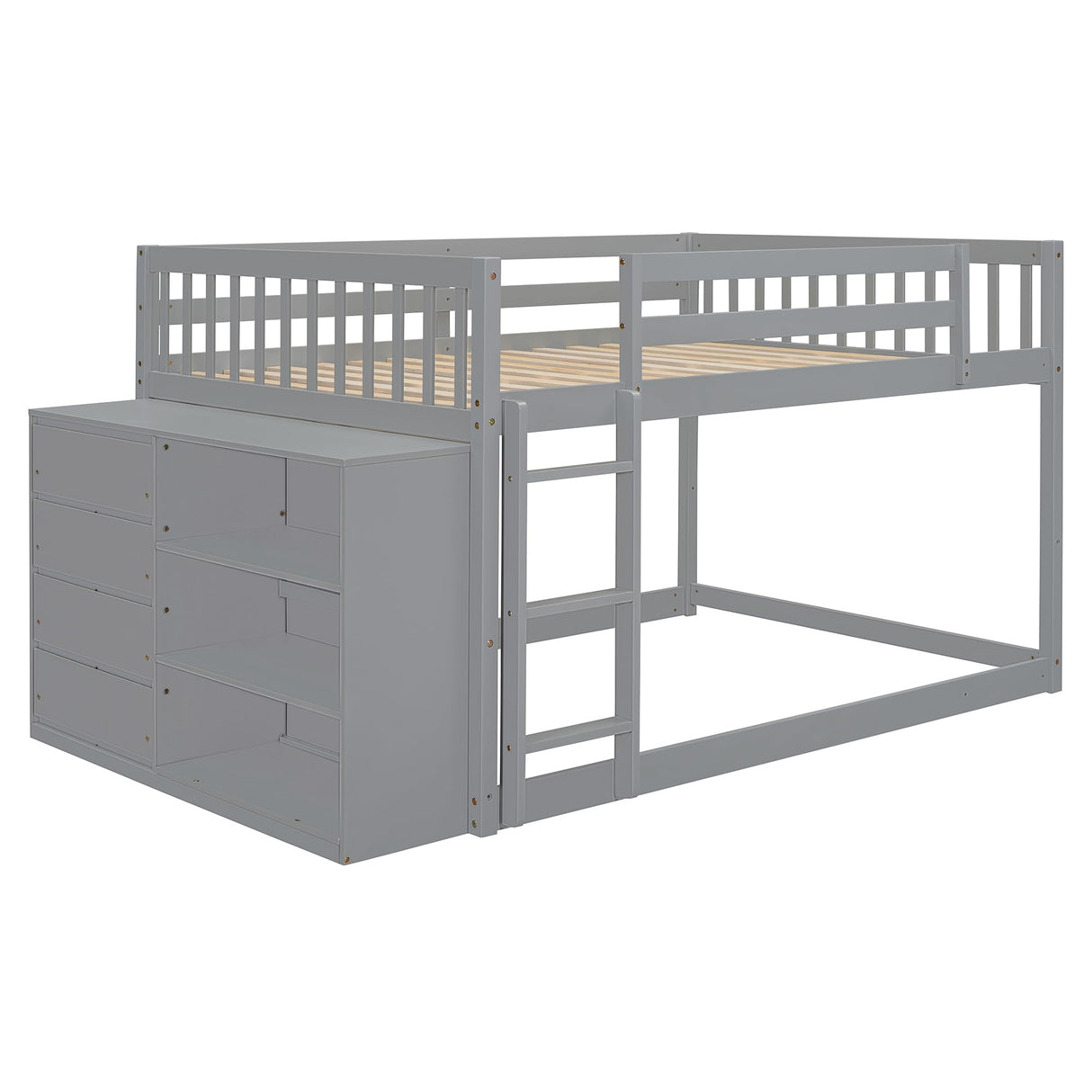 Harper & Bright Designs Full Over Full Low Bunk Bed with Storage, Solid Wood Floor Bunk Beds Frame with 4 Drawers and 3 Shelves, Full Loft Bed for Kids, Teens, Adults - Gray Harper & Bright Designs