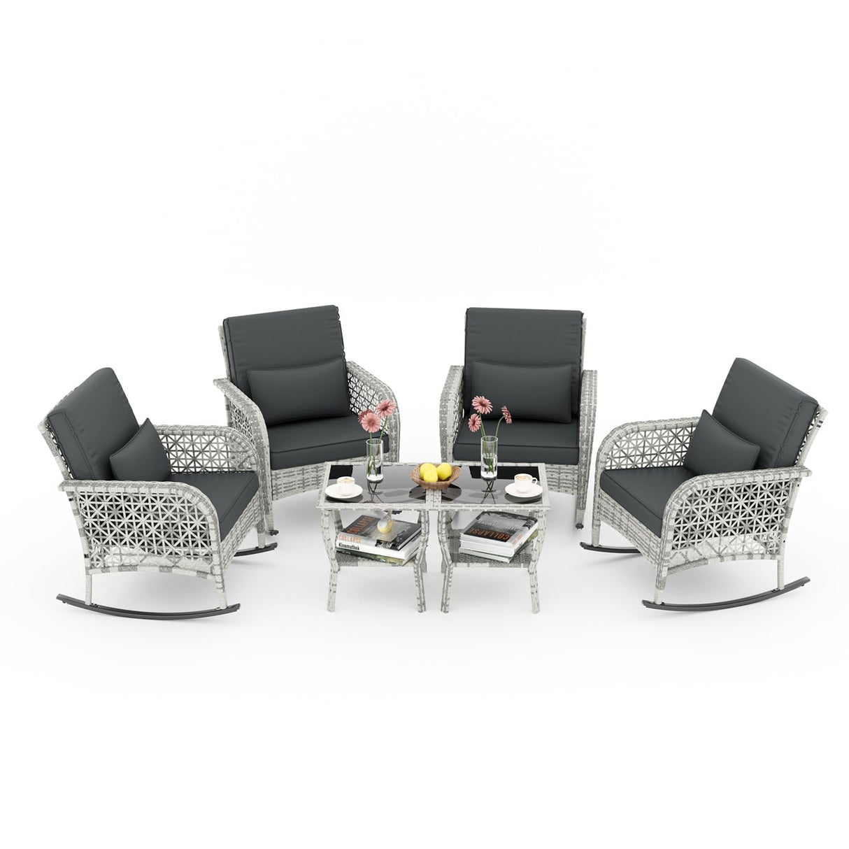BALDPER 6-Piece Gray Wicker Patio Rocking Chairs Set, Rocking Wicker Bistro Set, Outdoor Furniture Conversation Set with Porch Chairs and Glass Coffee Table, Slate Grey BALDPER