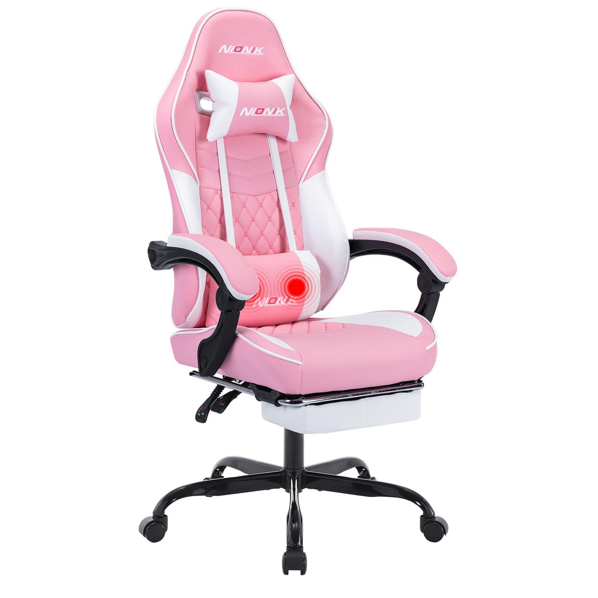Ergonomic Video Gamer Chairs,Computer Gaming Chairs with Massage Lumbar Support and footrest,Racing Style Computer Chair Adjustable Headrest for Adults,PinkWhite NIONIK
