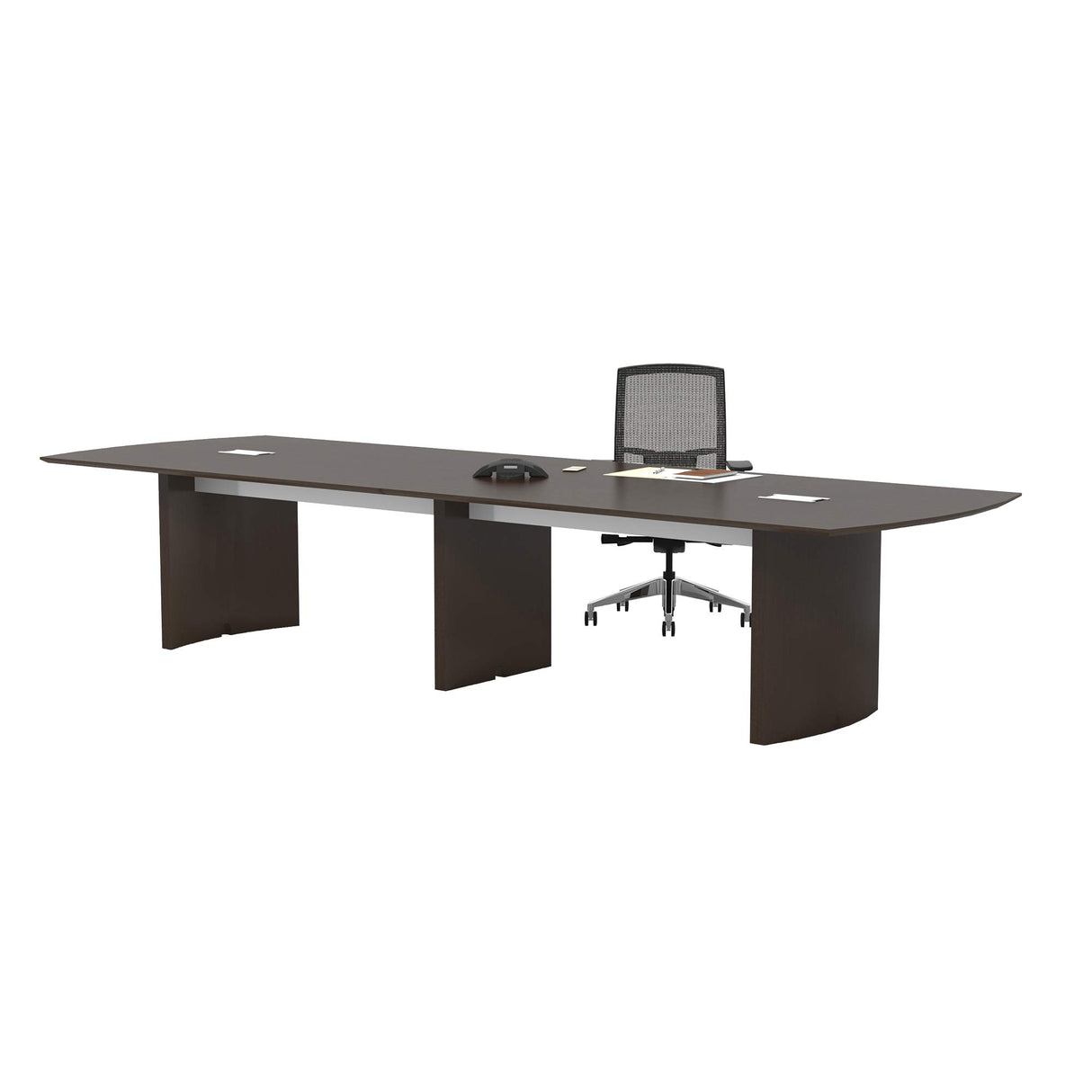 Safco Medina 14' Conference Table with Moucha Finish, Rounded Ends and Beveled Edges, Silver Detailing, Grommet Holes, 250 lbs Capacity. Safco