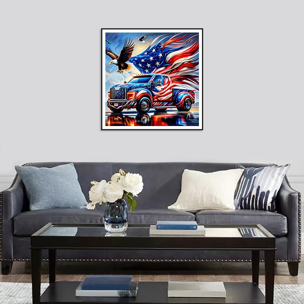 SJUTOUCI American Flag Truck Diamond Art Kits for Adults, Diamond Painting Kits for Beginners, DIY Full Drill Painting with Gem Craft Art for Home Wall Decor 12x12 inch SJUTOUCI