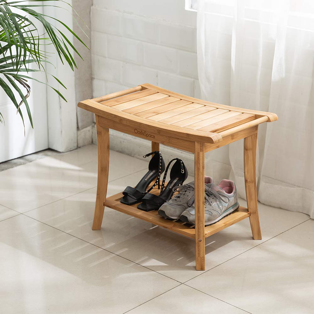 OasisSpace Bamboo Shower Bench, 24" Waterproof Shower Chair with Storage Shelf, Wood Spa Bath Organizer Seat Stool, Perfect for Indoor or Outdoor OasisSpace