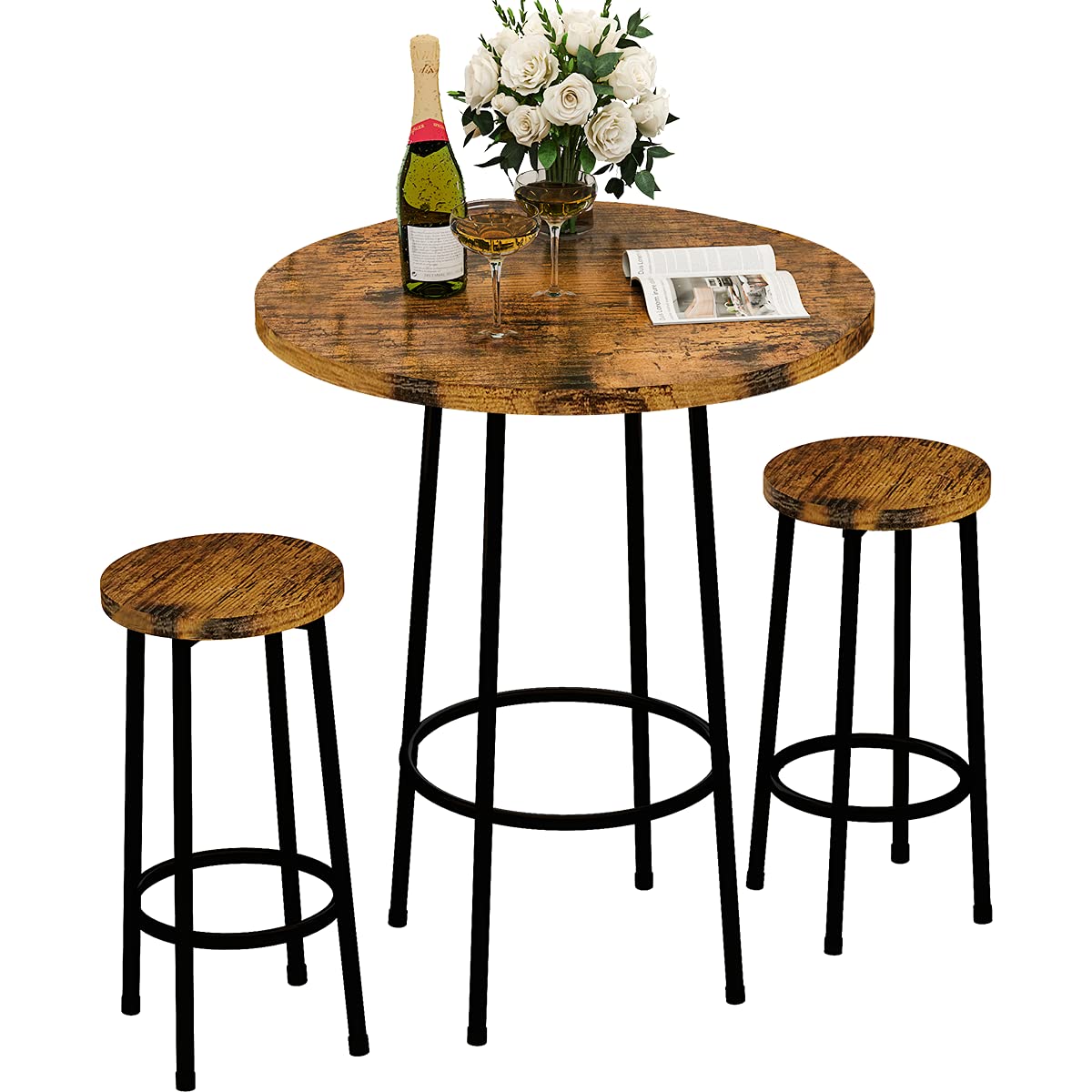 Recaceik 3 Piece Pub Dining Set, Modern Round bar Table and Stools for 2 Kitchen Counter Height Wood Top Bistro Easy Assemble for Breakfast Nook Living Room Small Space Restaurant, Rustic Brown 23 Recaceik
