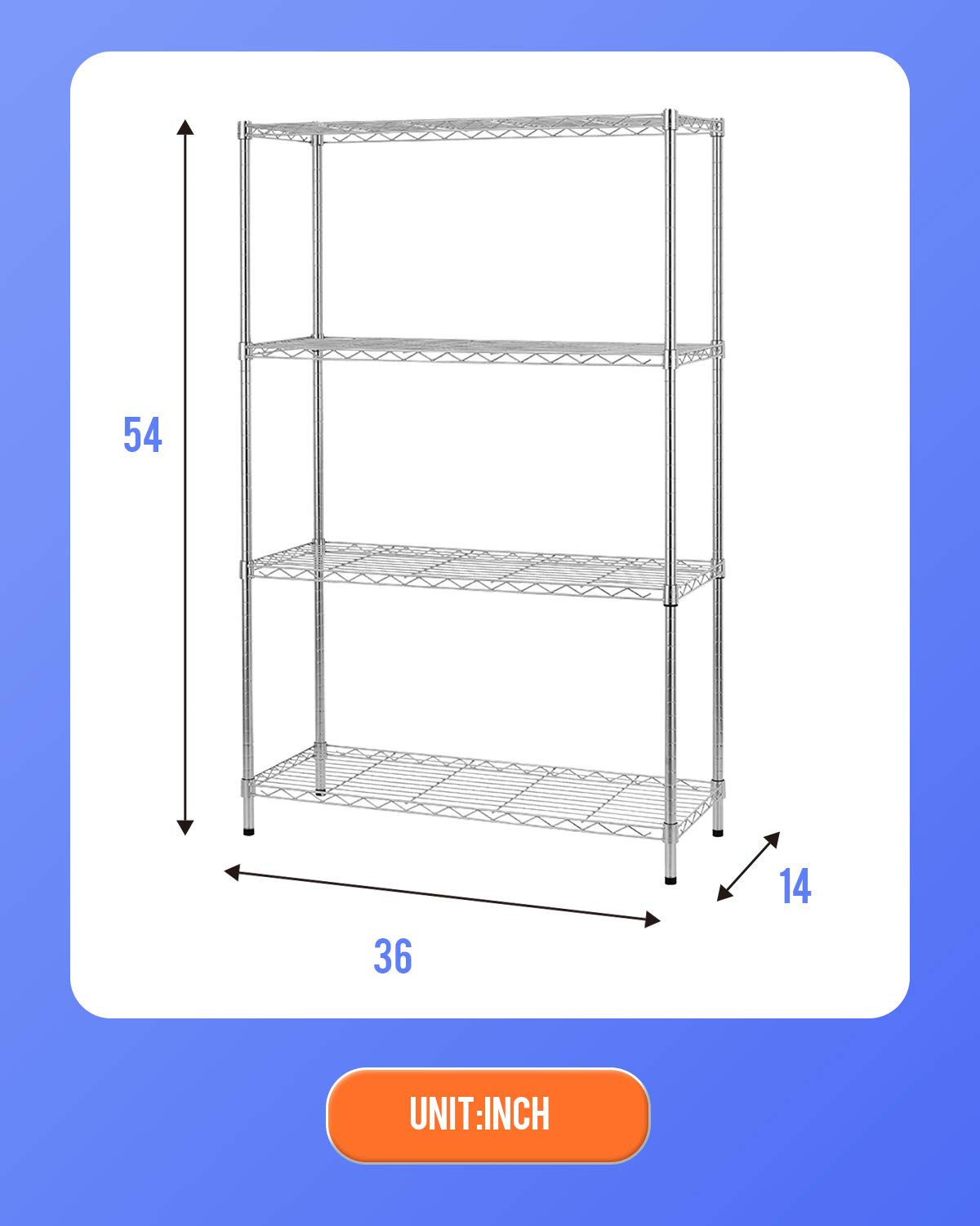 14" D×36" W×54" H Commercial Wire Shelving Unit Metal Shelf with 4 Tier Adjustable Layer Rack Strong Steel for Restaurant Garage Pantry Kitchen Garage,Chrome FDW
