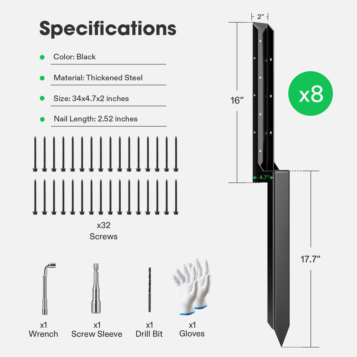 VIVOSUN Fence Post Repair Kit, Heavy-Duty Ground Spike with Gloves for Repairing Tilted or Broken Wood Posts (8 Pack, Black) VIVOSUN