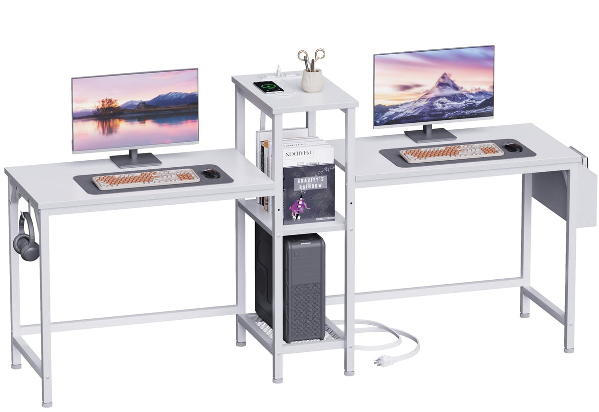 Furologee Double Desk with Power Outlets, 71 Inch Computer Desk with Storage Bag and Headphone Hooks, Gaming Desk Study Writing Table for Home Office, White Furologee