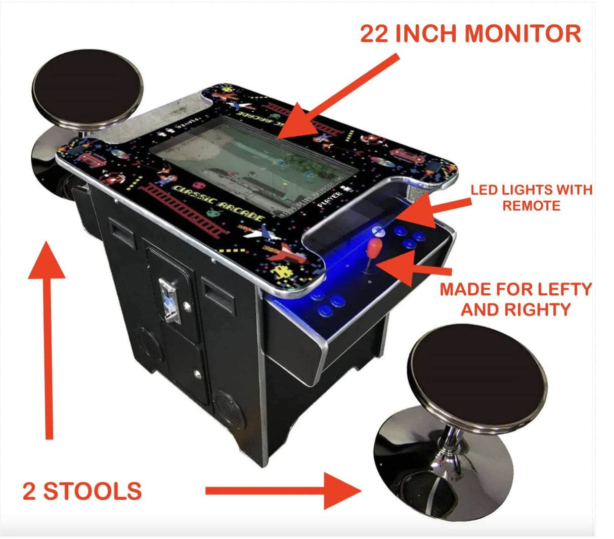 Top Us Video Arcades Full Size Commercial Grade Cocktail Arcade Machine 2 Player retro 412 Games 22" LCD Screen Tempered Glass 2 Stools Included 5 year Warranty Black TOP US VIDEO ARCADES