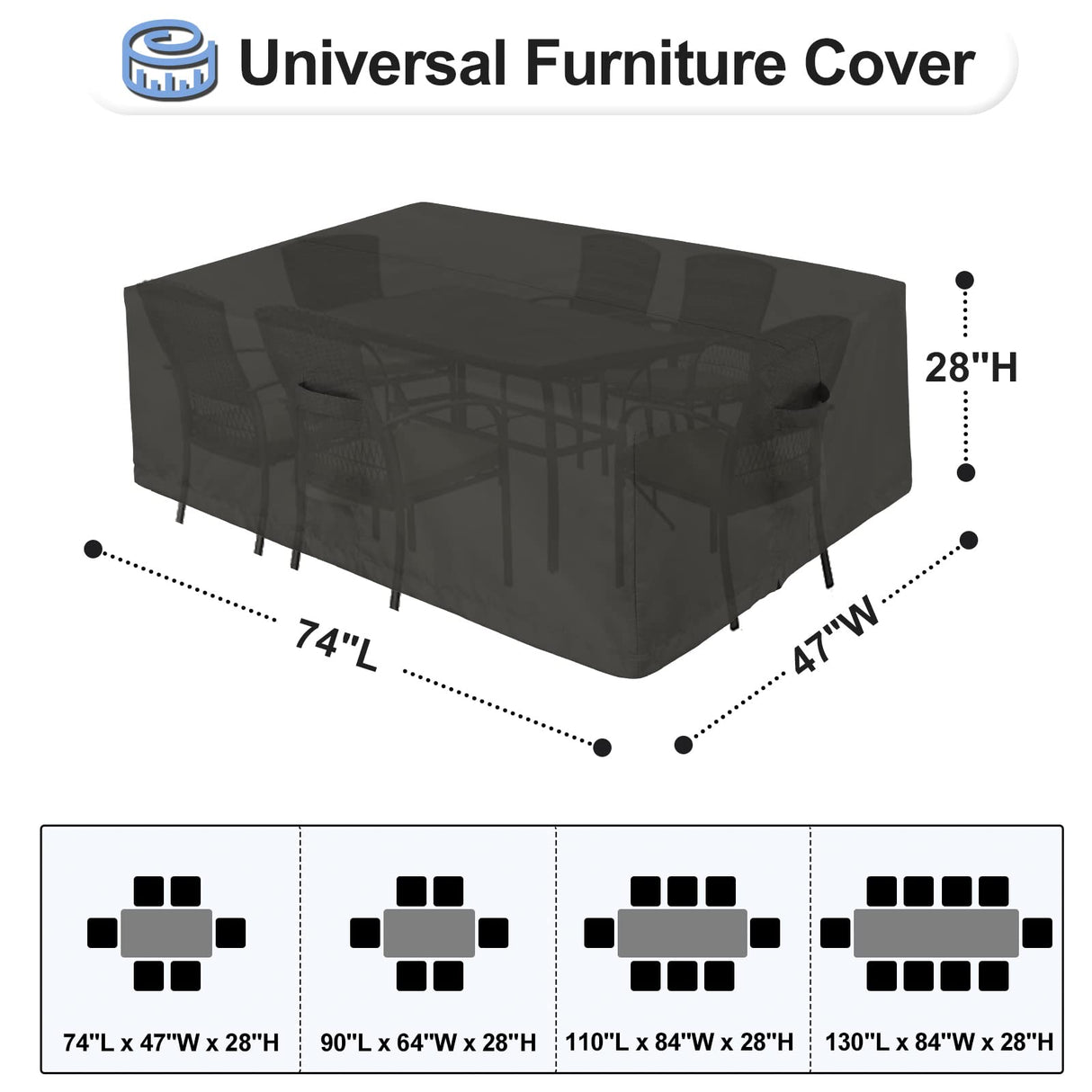 OutdoorLines Outdoor Waterproof Patio Table Furniture Set Covers - Rectangle Couch Sectional Cover Outside Weatherproof Patio Furniture Covering for Deck, Lawn and Backyard 74"L x 47"W x 28"H, Black OutdoorLines