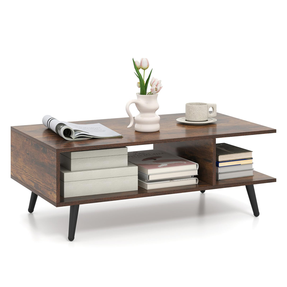 Giantex Coffee Table with Storage, Mid Century Modern Center Table for Living Room, Rectangle Tea Table with Open Storage Shelf & Floor-Anti-Scratching Tapered Metal Legs, Rustic Brown (Rustic Brown) Giantex