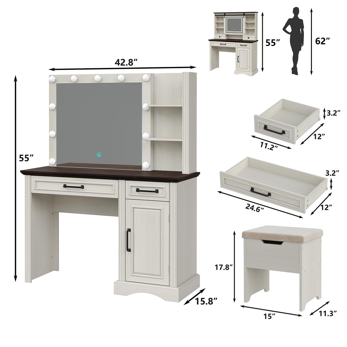 Diwnnue Farmhouse Vanity Makeup Desk, 43" W Vanity Desk with Lights Mirror and Drawers for Makeup, Big Modern Vanity Table Set with Vanity Stool for Bedroom, Antique White Diwnnue