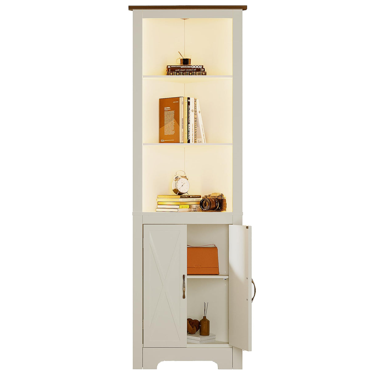 ChooChoo Farmhouse Corner Storage Cabinet with LED Lights, 5-Tier Corner Bookshelf Stand with Barn Doors, 66.9" Gothic Corner Display Cabinet with Adjustable Shelf for Living Room, Farmhouse White ChooChoo