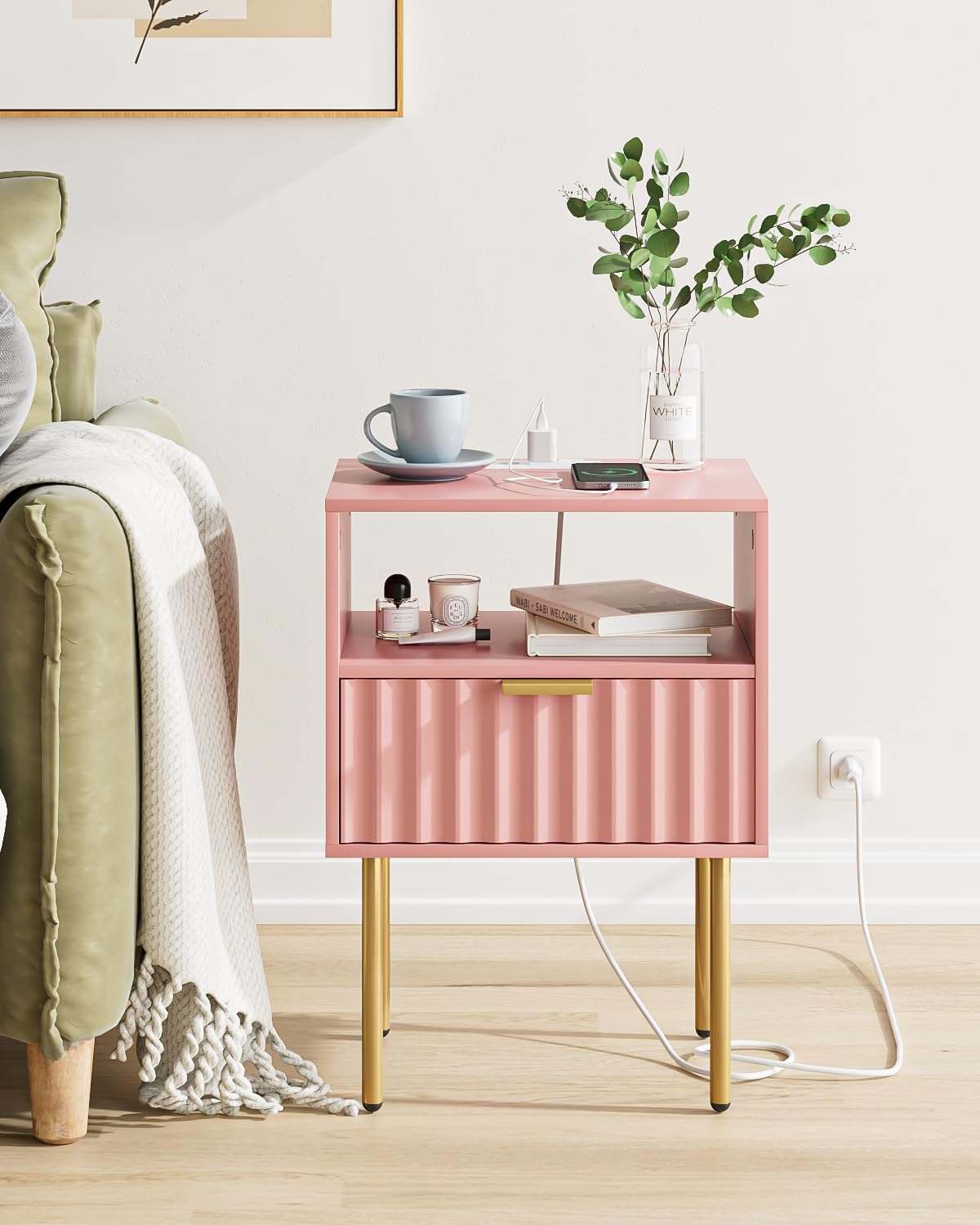 Aienvey Night Stand with Charging Station, Fluted Bedside Table with Gold Frame, Side Table with Drawer and Shelf for Bedroom, Living Room, Pink Aienvey
