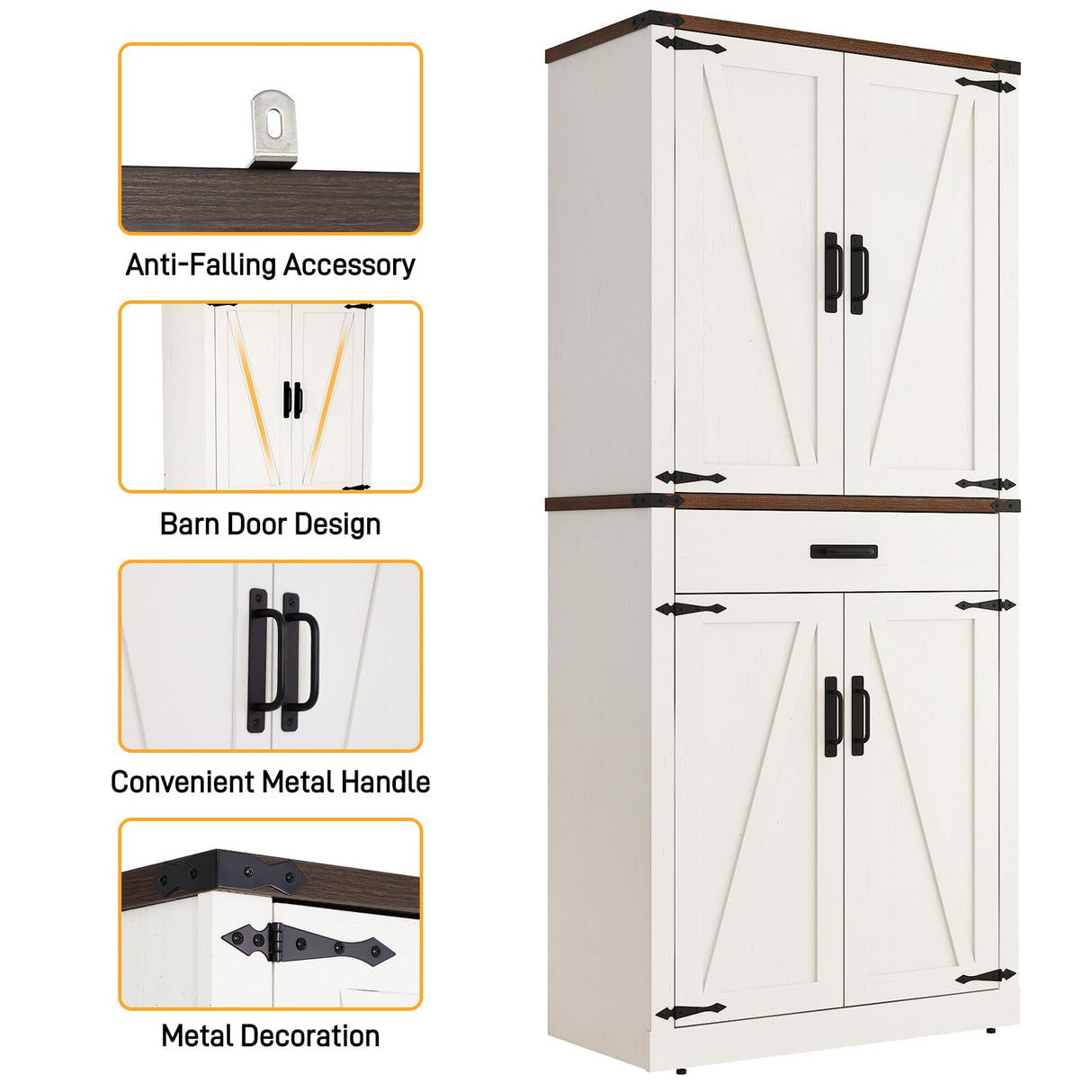 Hlivelood 72" Tall Farmhouse Kitchen Pantry Cabinet with Drawer, Rustic Wood Cupboard Storage Cabinet w/Organizer and 4 Barn Doors, Storage Cabinet for Kitchen, Dining Room, Living Room, Rustic White Hlivelood