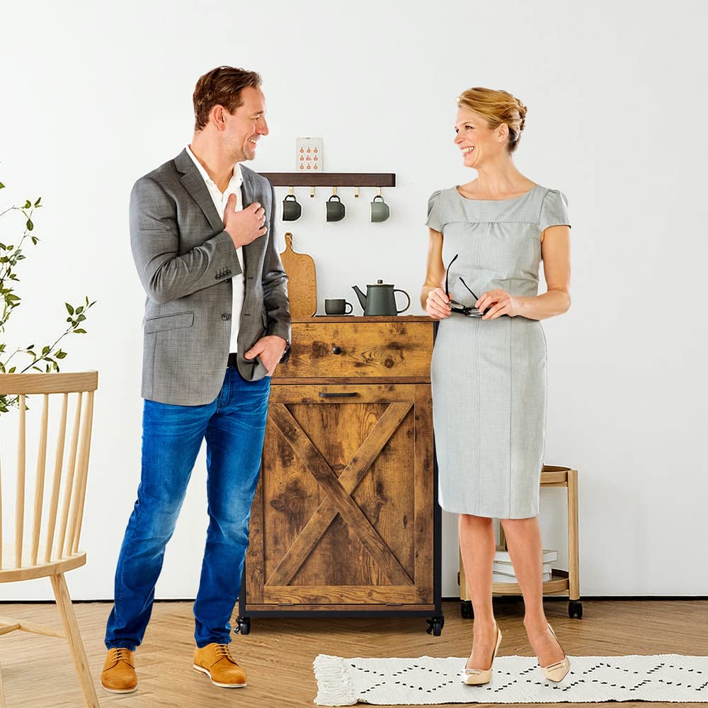 VINGLI Tilt Out Trash Cabinet, Wood Hidden Trash Can Kitchen Cabinet with Drawer, 10 Gallon Movable/Freestanding Pet Proof Storage Organizer, Laundry Basket Living Room Storage, Rustic Brown VINGLI