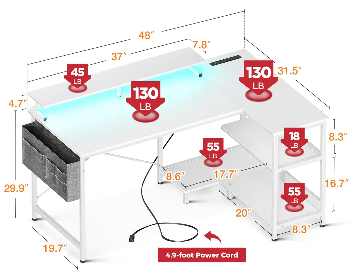 ODK 48 Inch Gaming Desk with USB Charging Ports and LED Lights, Reversible L Shaped Computer Desk with Storage Shelves & Monitor Stand, Corner Home Office Desk Table with Power Outlets, White ODK