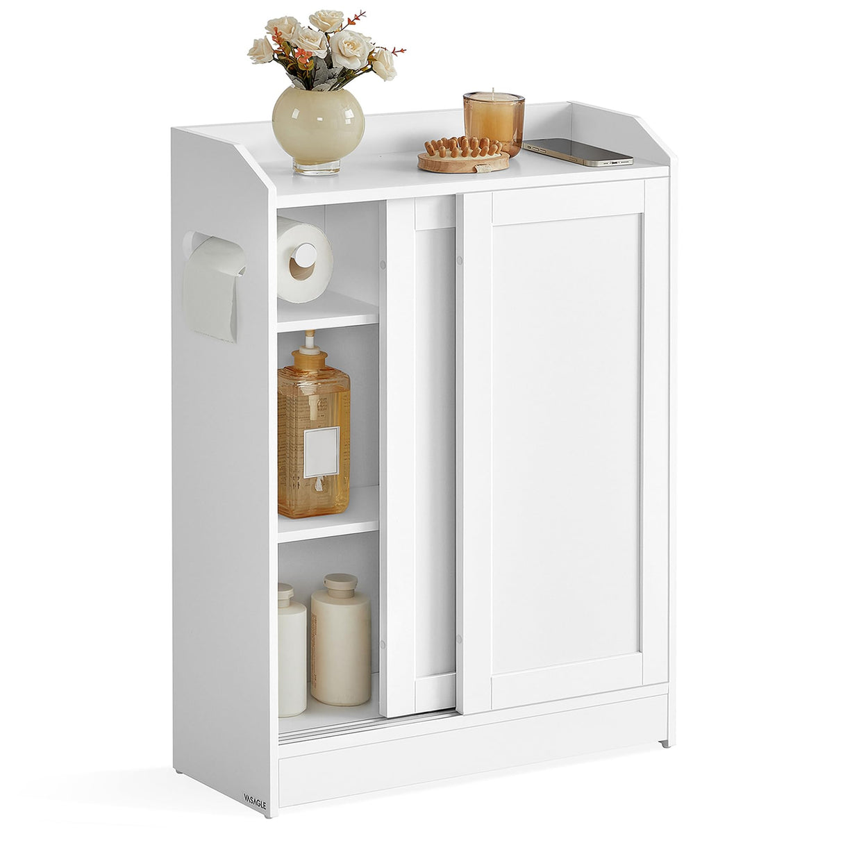 VASAGLE Bathroom Cabinet, Slim Bathroom Storage Cabinet, Toilet Paper Holder and Brush Compartment, Sliding Doors, Adjustable Shelves, Next to Toilet, 7.9 x 23.6 x 31.5 Inches, Cloud White UBBC752W01 VASAGLE