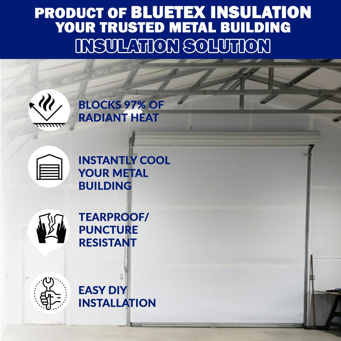 BlueTex Roll Up Garage Door Insulation Kit for Cooling Down Metal Buildings - Easy to Install Complete Garage Insulation Kit for Door Up to 12'x12' - Covers 150 Sq Ft of Single Large Door BlueTex Insulation