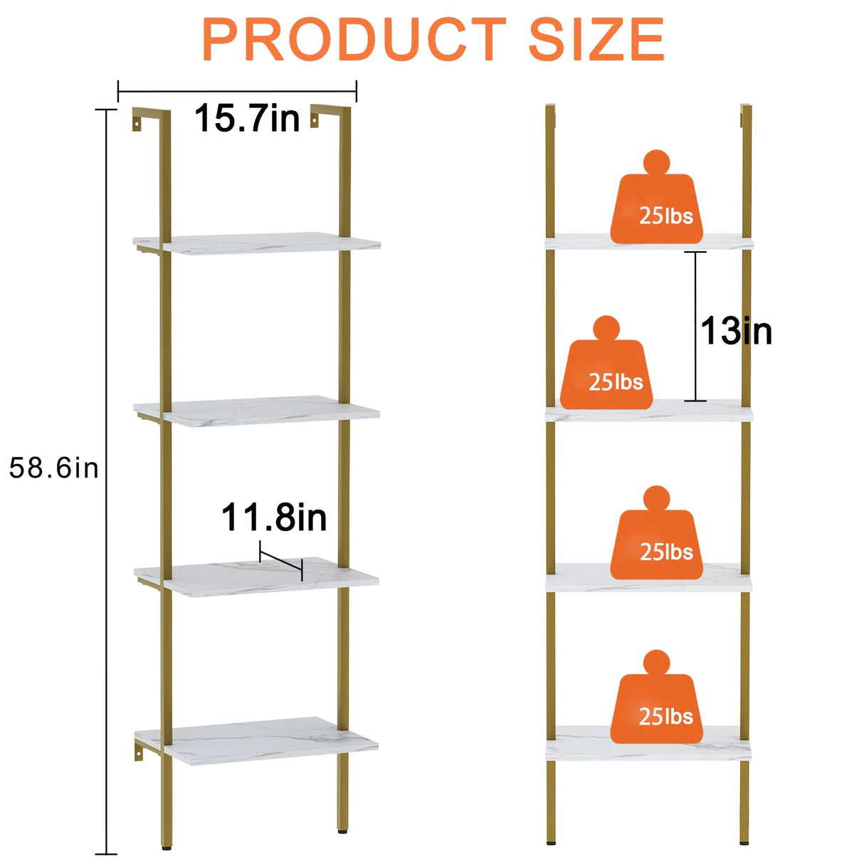 Wolawu Ladder Shelf 4 Tiers Metal Industrial Bookshelf,White Marble Wood Tall Open Storage Rack and Display Shelves,Wall Mount Wide Book Case for Home Office Bedroom,Small Wolawu