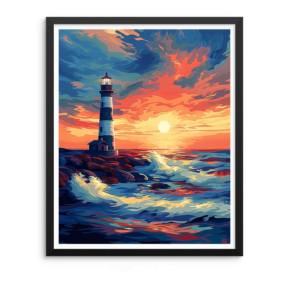 Natuyalo Paint by Numbers for Adults Beginner, Lighthouse Acrylic Easy Paint by Numbers Kits Sunset Seascape Craft Kits for Adults Suitable for Home Wall Decoration Flameless 16x20 Inch Natuyalo