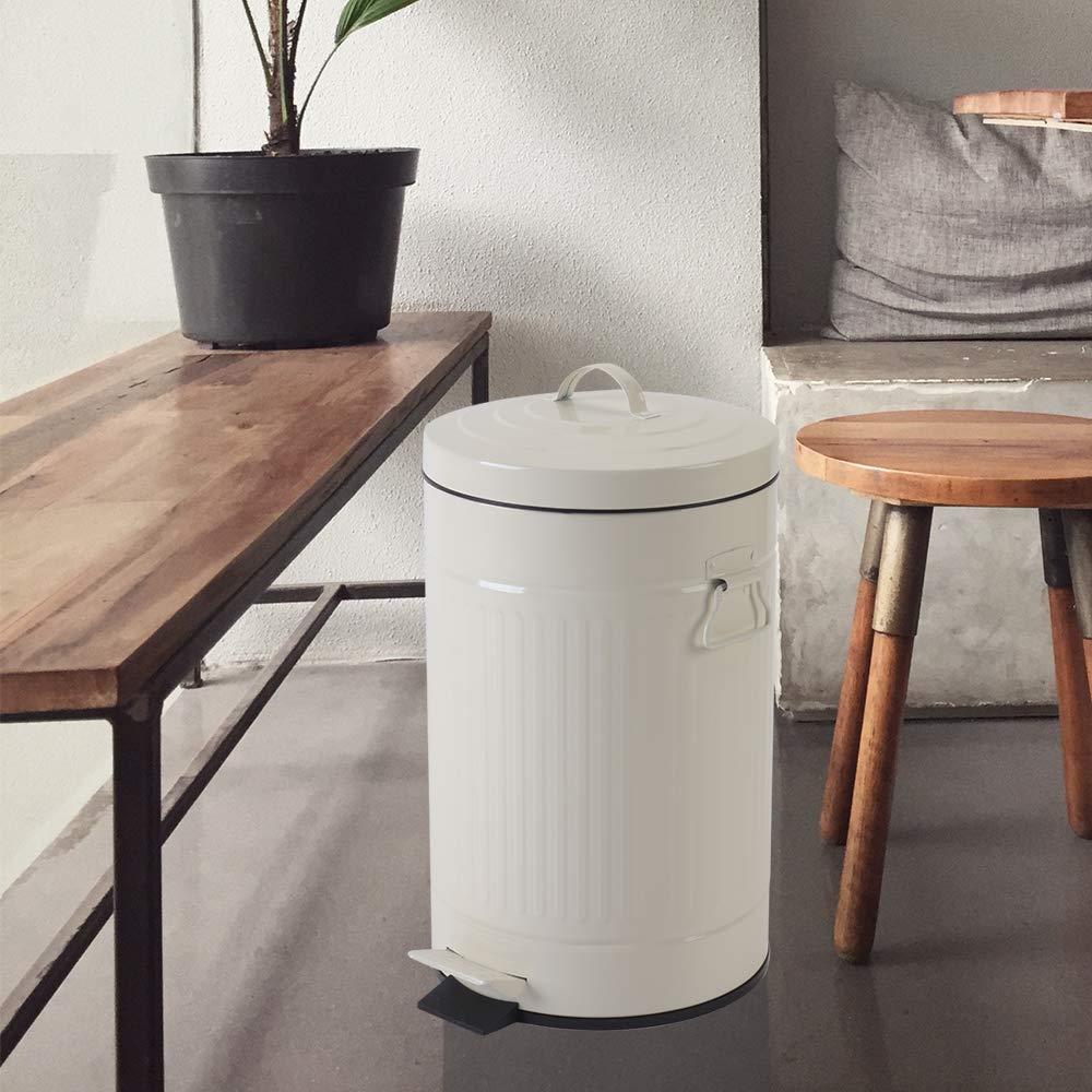 White Trash Can with Lid, White Bathroom Bedroom Waste Basket Soft Close, Small White Garbage Can, Retro Vintage Home Office Trash Can, 12 Liter/3 Gallon, Glossy Cream White mingol
