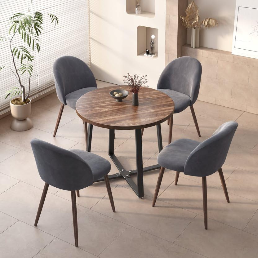 INO Design 5-Pieces Modern 35'' Inch Round Wooden Dining Table Set for 4 Comfortable Velvet Chairs, Space Saving Kitchen Furniture, Small Apartment Coffee Table Set (Grey) INO Design