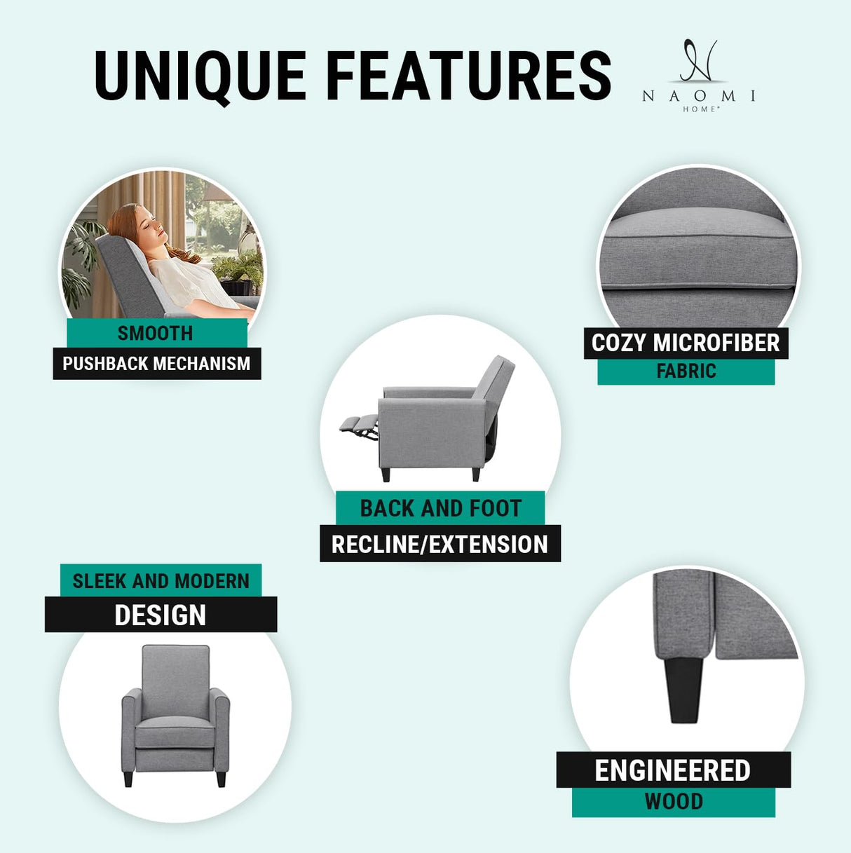 Naomi Home Landon Gray Microfiber Push-Back Recliner, Compact Comfort for Small Spaces, Plush Cushioning, Modern Armless Club Chair Naomi Home