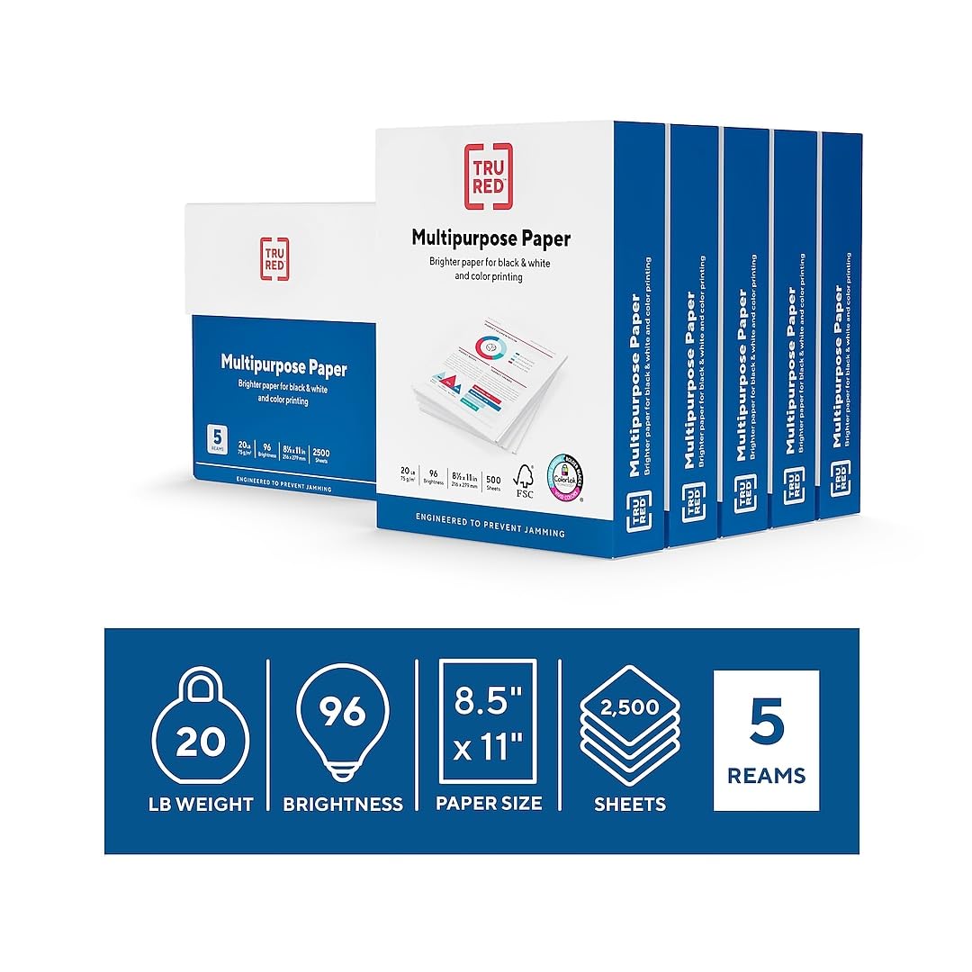 TRU RED Color Printer Paper - 8.5" x 11", 1 Carton of 5 Reams for 2,500 Total Sheets, 20 lbs, 92 Bright Paper - Acid-Free and Engineered to Prevent Jamming TRU RED