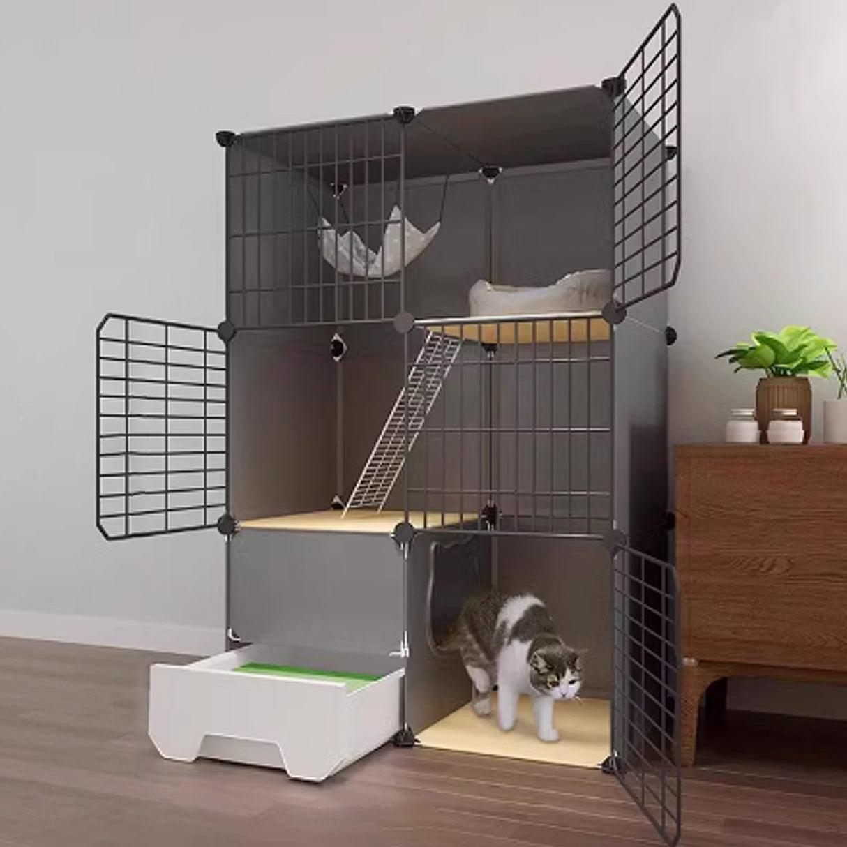 GUQASDV Black Cat Cage, Catio Indoor Cat Enclosure, Enclosed Cat Playpen, Cat House with Enclosed Litter Box Quick Assembly for Ferret, Chinchilla, Small Animals(75x49x111cm) GUQASDV