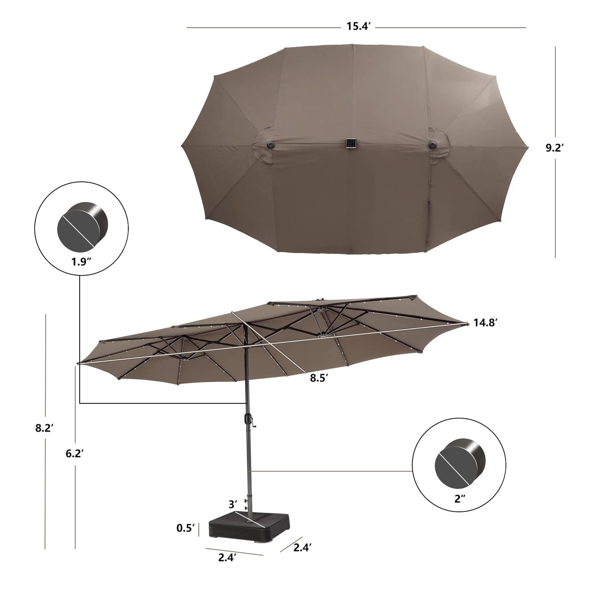 Tangkula 15FT Double-Sided Patio Umbrella with Solar Lights, Extra-Large Umbrella W/ 48 LED Lights & Auto-Charging Solar Panel, Outdoor Twin Market Umbrella W/Extra Weighted Base Stand (Brown) Tangkula