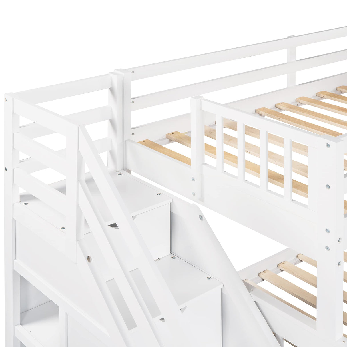 HRJHLucky Twin Over Full L-Shaped Bunk Bed with 3 Drawers,Triple Bunk Bed with 3 Drawers and Storage Stairs,Wood Corner Beds for Kids, Teens, Adults (White) HRJHLucky