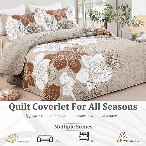 DJY 3 Pieces Quilt Set King Taupe Floral Pattern Quilt Coverlet Set Boho Floral Bedspread with 2 Pillow Shams Elegant Flower Bedding Quilt Set for All Season (Brown, 104"x 90") DJY