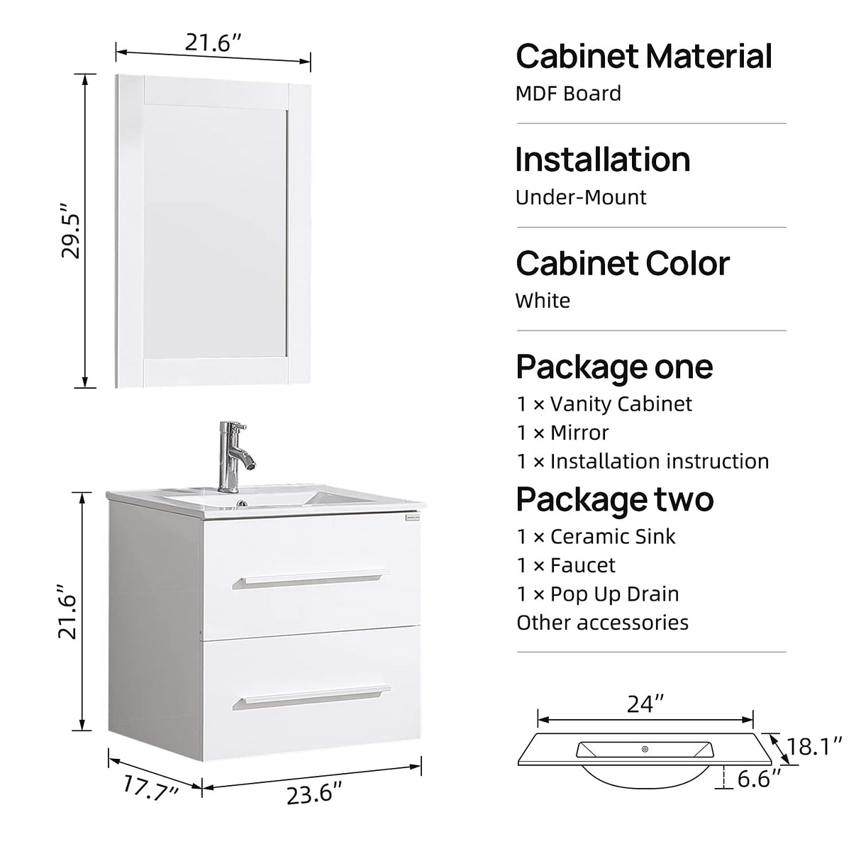 wonline 24" White Wall Mounted Bathroom Vanity Set Two Drawers Storage Cabinet with Ceramic Vessel Sink and Mirror Combo Chrome Faucet wonline