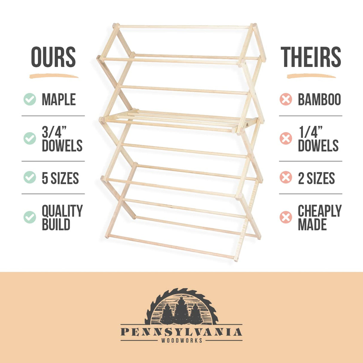 Pennsylvania Woodworks Clothes Drying Rack: Solid Maple Hard Wood Laundry Rack for Sweaters, Blouses, Lingerie & More, Durable Folding Drying Rack, Made in USA, No Assembly Needed, Large Pennsylvania Woodworks