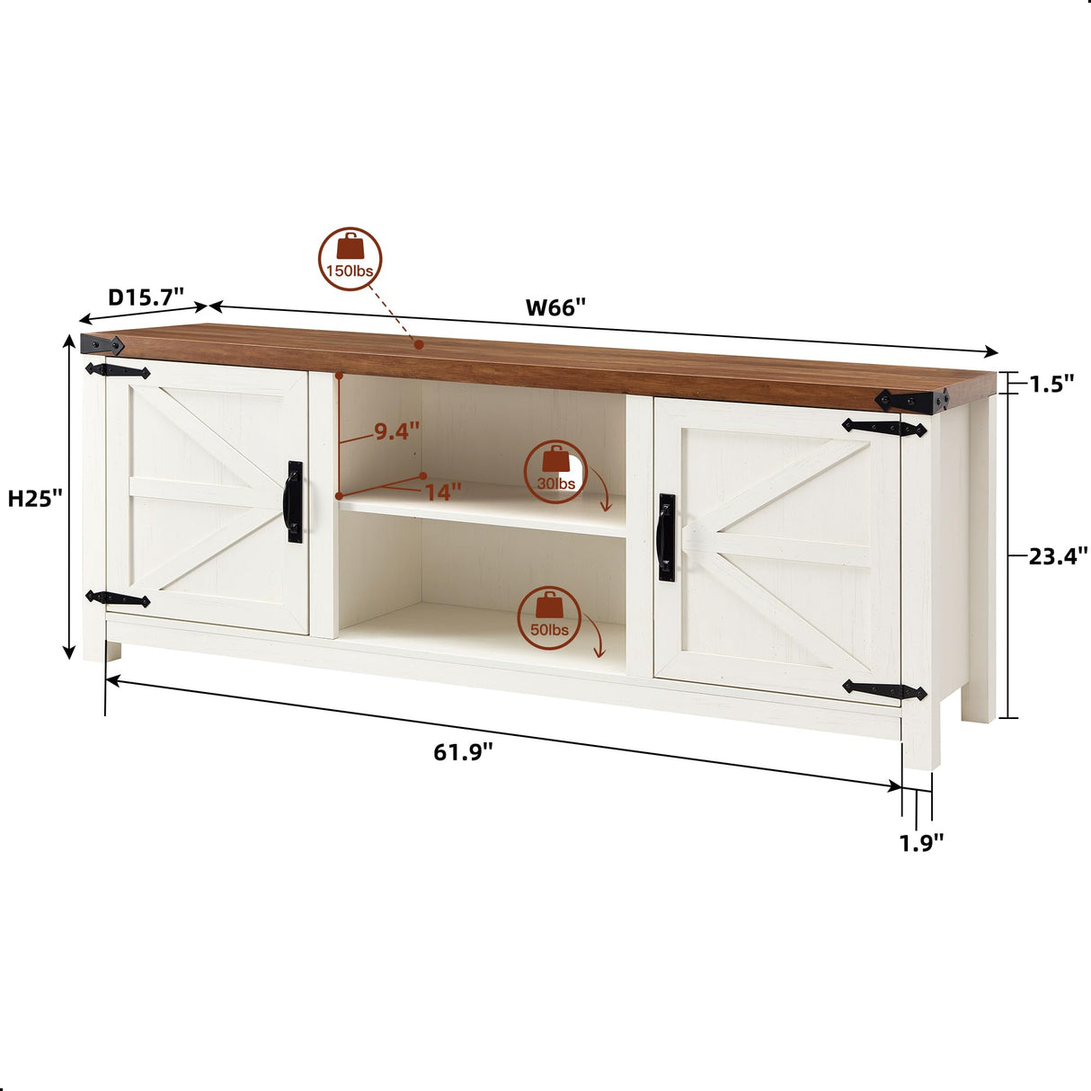 T4TREAM Farmhouse TV Stand for TVs Up to 75 inches, Wood Barn Door Media Television Console Table with Storage Cabinets, Easy Assembly Modern Entertainment Center for Living Room, Antique White T4TREAM