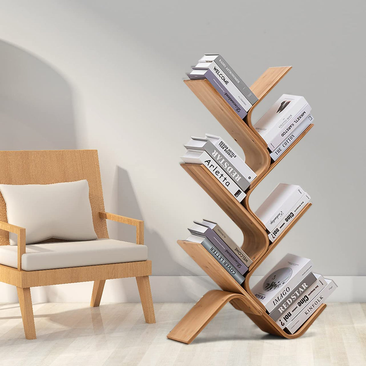 Modern Bamboo Tree Bookshelf, Creative Curved Standing Bookcases, Book Storage Organizer Shelves, Display Floor Book Shelf Space Saver Rack for Home Office Living Room Bedroom (Natural 6-Tier) briteman
