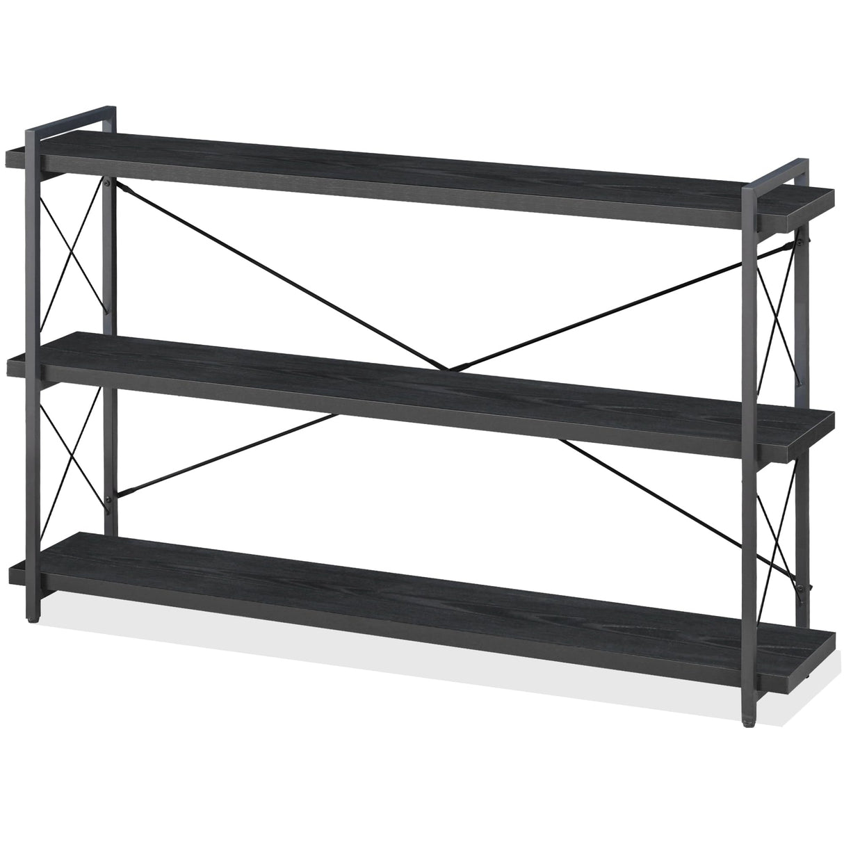 HCHQHS Bookshelf, 3-Tier Long Industrial Bookcase, Black Open Book Shelf, Freestanding Horizontal Bookshelves with Metal Frame HCHQHS
