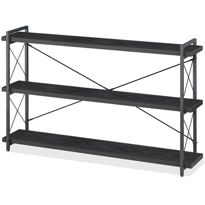 HCHQHS Bookshelf, 3-Tier Long Industrial Bookcase, Black Open Book Shelf, Freestanding Horizontal Bookshelves with Metal Frame