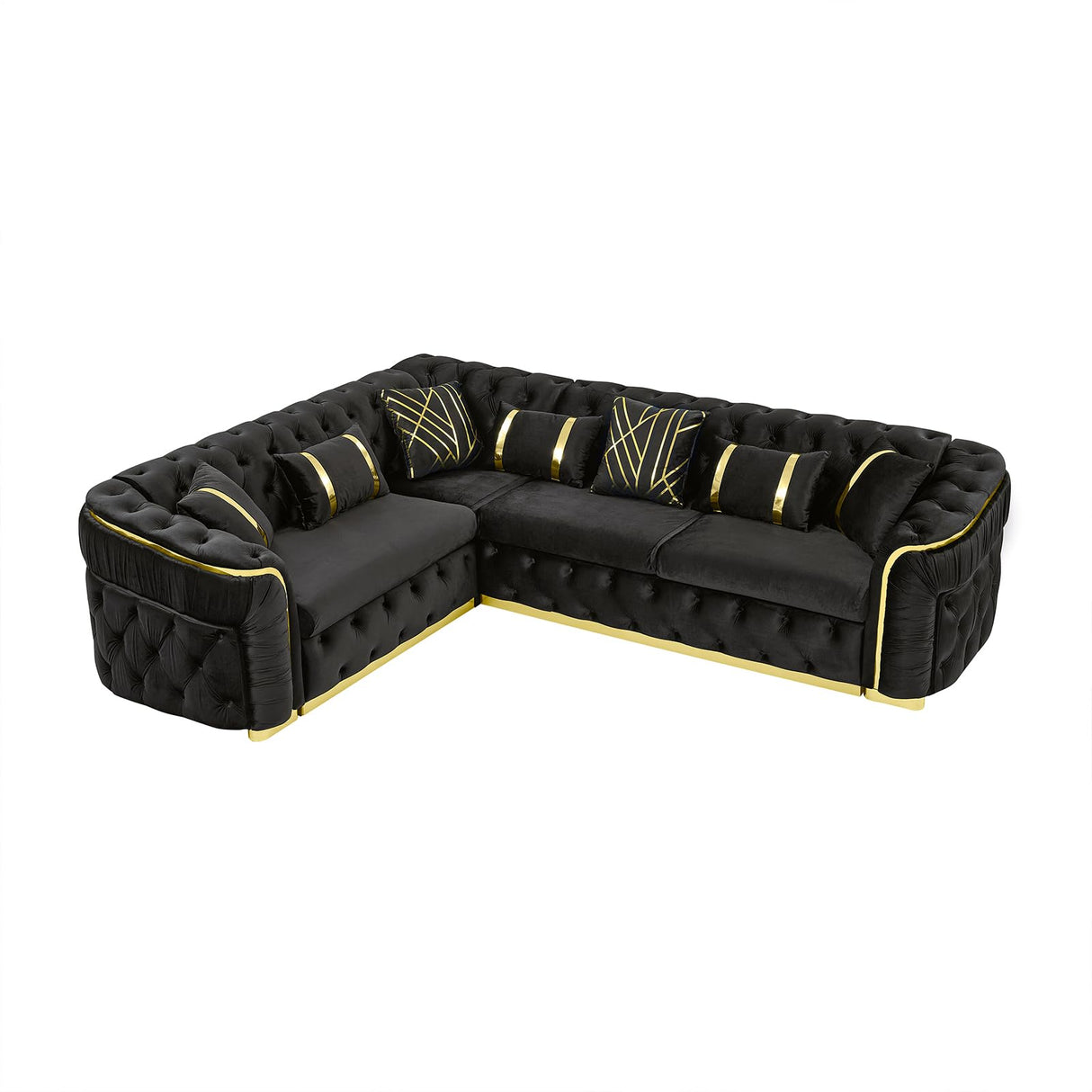 110.5" Luxury Velvet L Shape Chesterfield Sofa Set with Glod Metal Accents, Oversize Victorian Curved Arm Sofa Sectional Couches for Living Room with 7 Pillows, Left Chaise, Black WIN FORCE