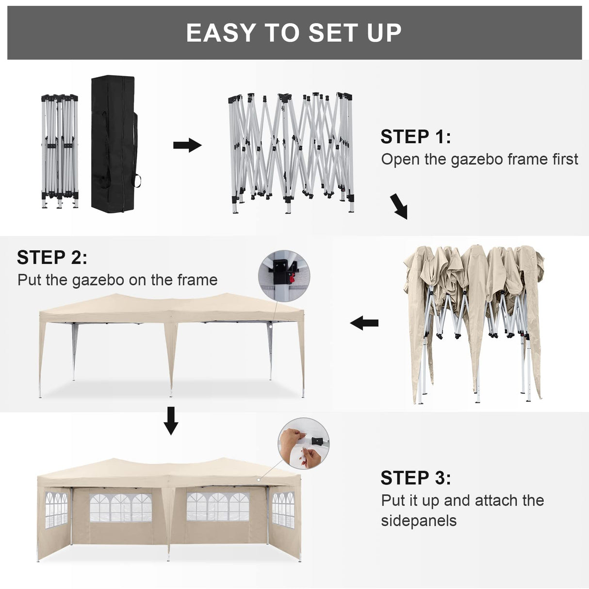 TUKAILAI 10' x 20' Pop Up Gazebo Marquee, Anti-UV Party Wedding Tent Event Shelters with 6 Removable Sidewalls & Carry Bag, Heavy Duty Instant Canopy for Outdoor Camping Garden Patio (Cream) TUKAILAi