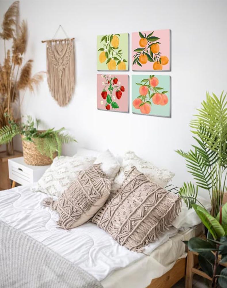 Amzdiyfun 4 Pack Fruits Paint by Numbers Kit, Easy Acrylic Art Number Painting for Beginners, DIY Adults Paint by Numbers Kit on Canvas for Home Wall Decor, 7.8x7.8Inch Amzdiyfun