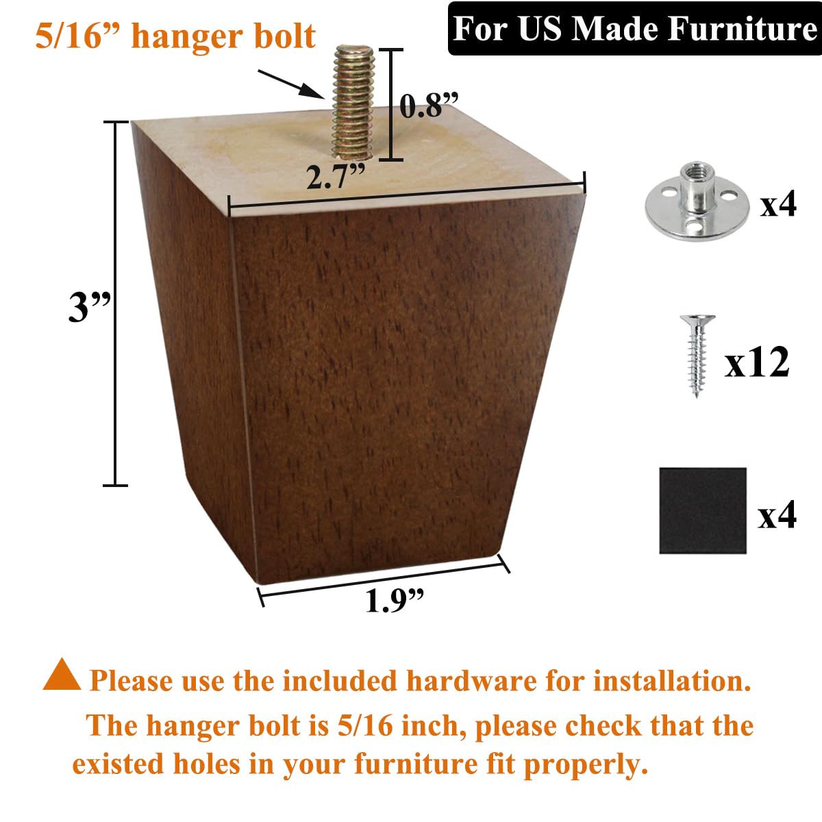 AORYVIC Wood Furniture Legs 3 inch Sofa Legs Pack of 4 Square Couch Legs Brown Mid-Century Modern Replacement Legs for Armchair Recliner Coffee Table Dresser AORYVIC