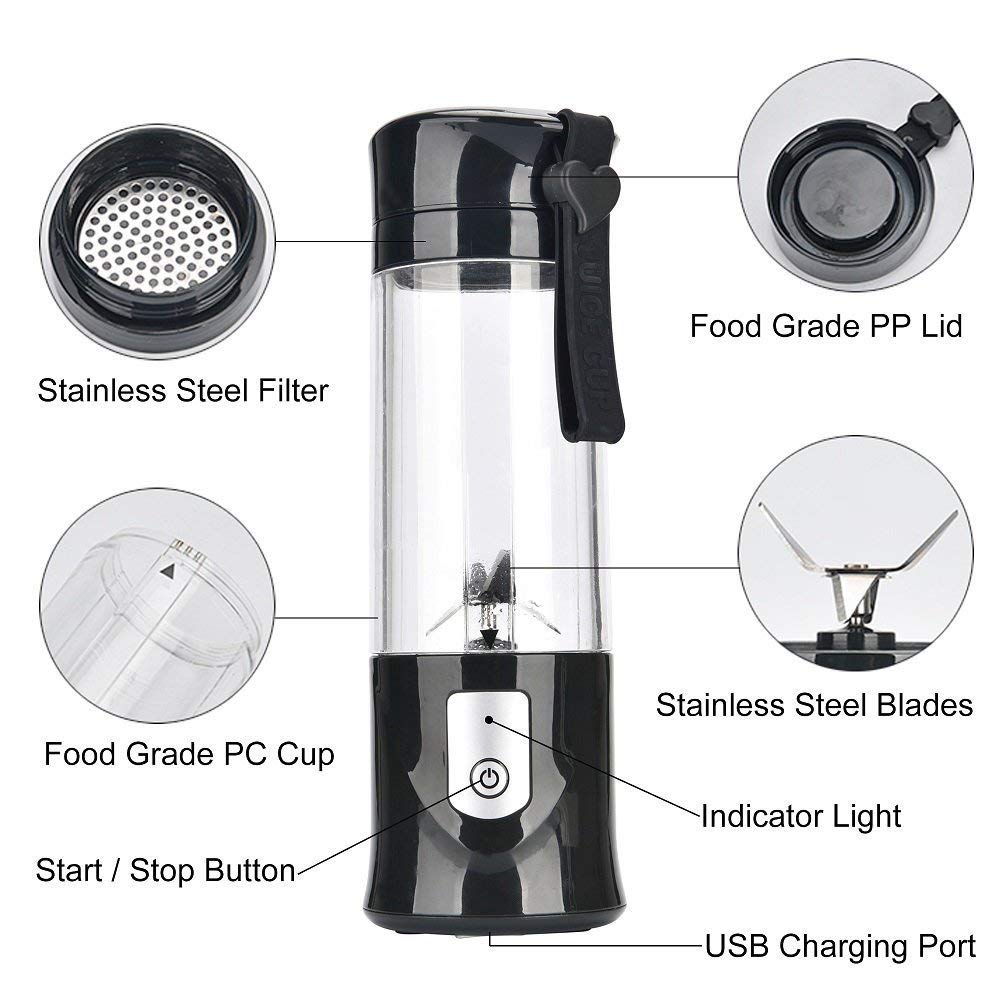 Portable Blender,Toycol Mini Personal Size Blenders for Smoothies and Shakes,USB Travel Juicer Cup Fruit Juice Mixer with 6 Updated Blades,usb Blender 13.5Oz Bottle (Black) Toycol