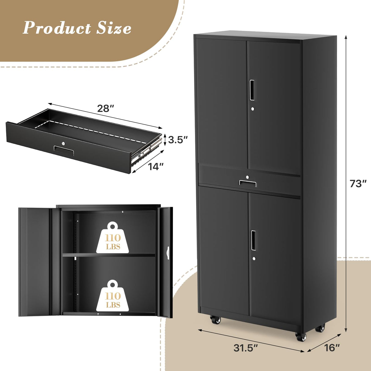 Athena Collection 4 Tier Storage Cabinet with Wheels, Large Capacity 73" Garage Metal Storage Cabinet with Drawer and Adjustable Shelves, Lockable Utility Tall Cabinet for Home Office, Black Athena Collection