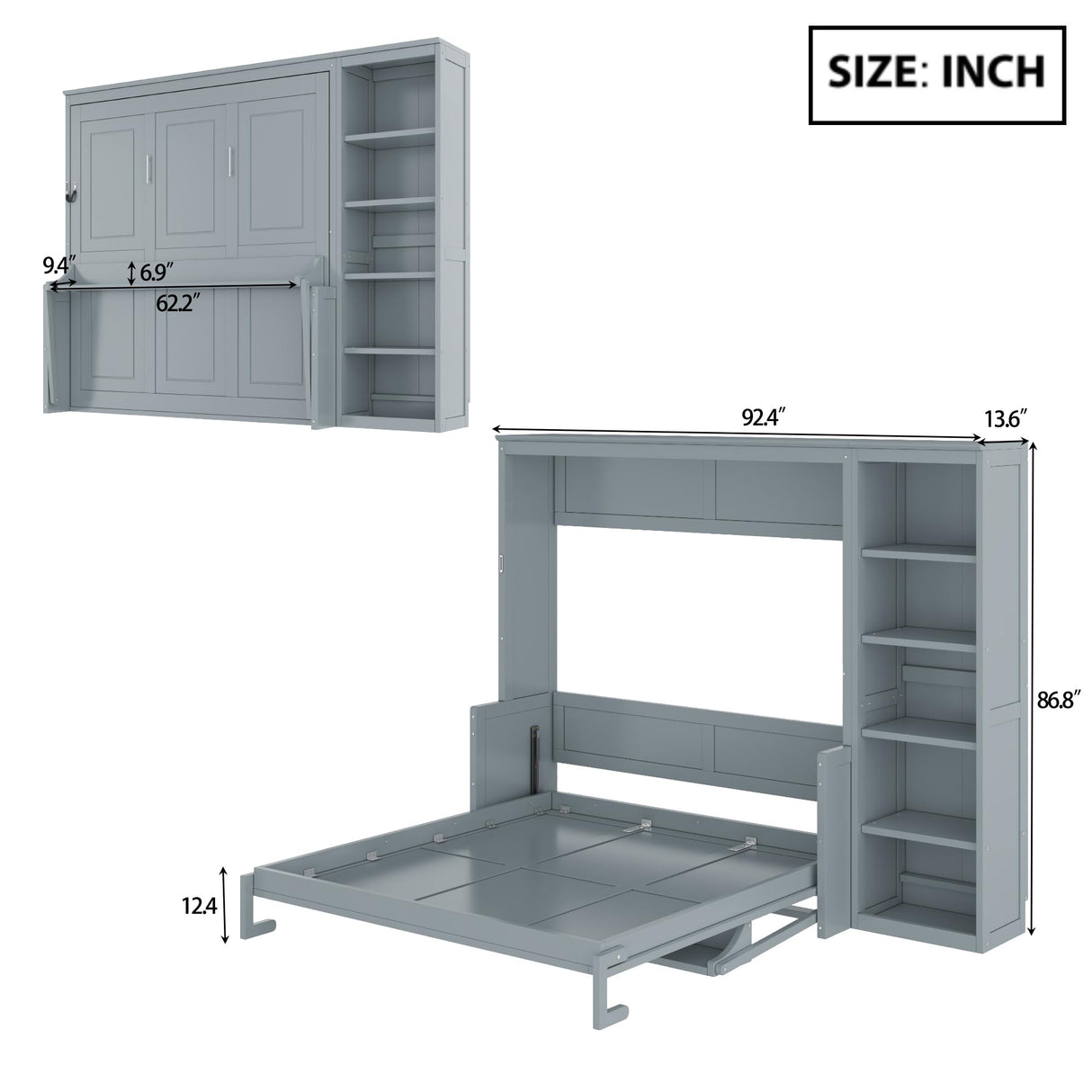 Merax Queen Size Murphy Bed with Desk and Bookshelf, Space-Saving Design Foldable Wall Bed, Fold into The Wall, Pine Wood Platform Bed Frame for Small Spaces Studio Study Office Guest Room, Gray Merax