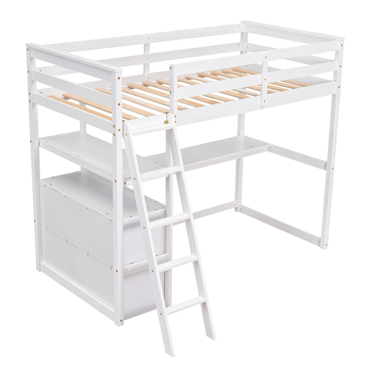 MERITLINE Twin Loft Bed with Desk, Storage Drawers and Shelves in White MERITLINE