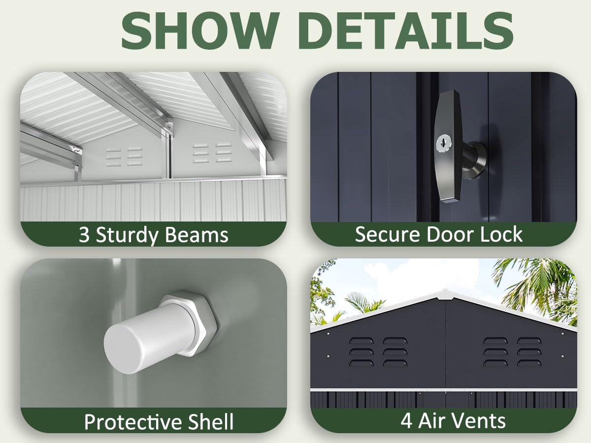 VIWAT 10x14 Outdoor Storage Shed, Garden Shed with Updated Frame Structure and Lockable Doors, Metal Tool Sheds for Backyard Garden Patio Lawn, White VIWAT