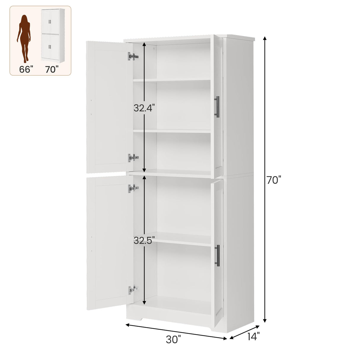 GarveeHome 70 in Tall Kitchen Pantry Cabinet, Freestanding Storage Cabinet with 4 Doors and Adjustable Shelves, Utility Hutch Cupboard for Dining Room, Bathroom, Living Room (Style A, White) GarveeHome