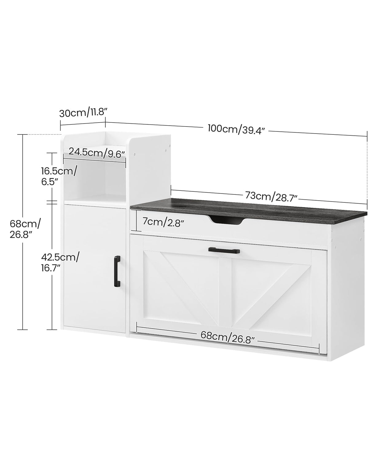 CHOEZON Shoe Storage Bench, Shoe Cabinet with Flip Drawer, 39.4'' Shoe Bench, Farmhouse Entryway Bench, Storage Bench with Side Cabinet and Lift-Off Storage Box, White Charcoal Black MHX01WC CHOEZON