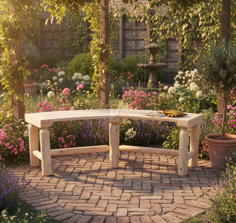 Kdgarden Outdoor Wooden Curved Backless Porch Bench Rustic Style Cedar/Fir Wood Log Fire Pit Bench for Patio Garden Deck and Backyard, 40"-55" W×14" D×16.5" H, Natural Finish Kdgarden