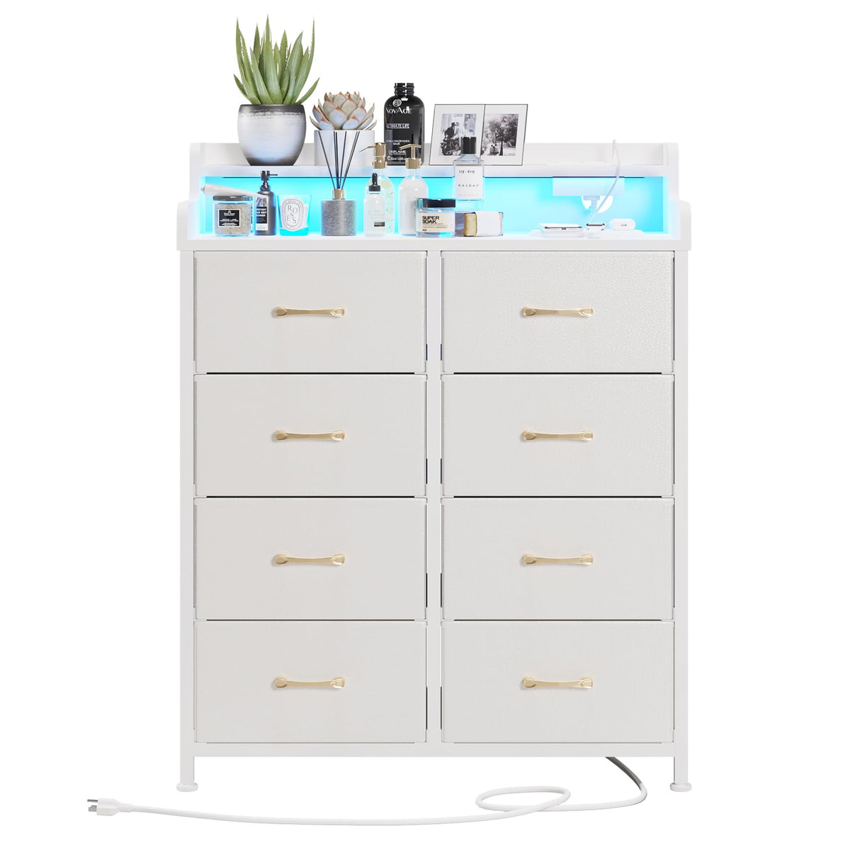 LUMTOK 8-Drawers Dresser with Power Outlets, Built-in Power Strips & LED Strips, Fabric Dressers Drawers for Bedroom, Hallway, Nursery, Steel Frame, Wood Top, Easy Pull Handle (White) LUMTOK